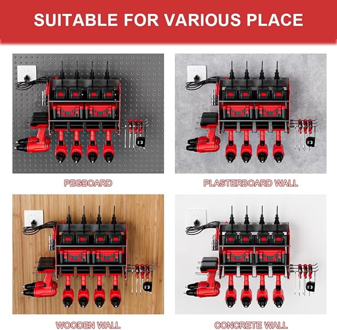 Power Tool Organizer with Charging Station, 6 Drill Holder Wall Mount, 3 Layer Garage Tool Organizer with Hooks, Screwdriver, Drill Bit Rack, Heavy Duty Utility Shelf for Garage, Gifts for Men-VerdiqueGarden