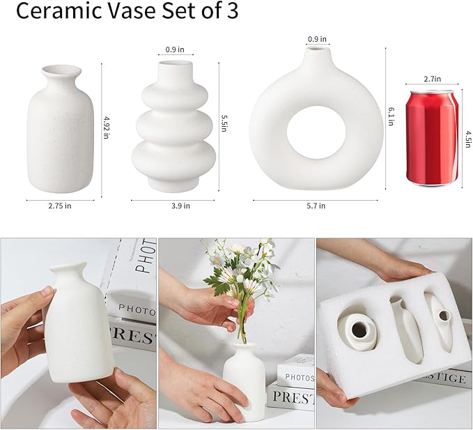 Ceramic Vase Set of 3, Small Flower Vase for Home Decor, Decorative Vases for Pampas Grass & Dried Flowers, Living Room, Bedroom, Bathroom, Shelf Centerpiece Table Decorations-VerdiqueGarden