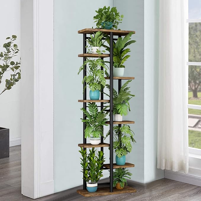 LINZINAR Plant Stand 8 Tier 9 Potted Multiple Flower Pot Holder Shelf Indoor Outdoor Planter Rack Storage Organizer for Patio Garden Corner Balcony Living Room (8 Tier-9 Potted, Black)-VerdiqueGarden