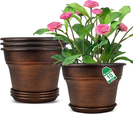 10 Inch Planters Plant Pots Indoor Outdoor, 4 Pack Plastic Flower Pot for Indoor Plants with Drainage Holes & Trays, Resin Decorative Container Sets with Saucer for House Garden Copper-VerdiqueGarden