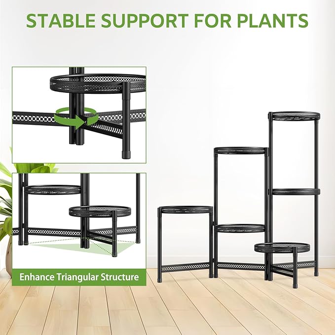 iDavosic.ly 6 Tier Large Plant Stand Indoor with 10-Inch Wide Drainage Tray, Tiered Corner Metal Outdoor Flower Display Holder Shelf, Folding Tall Rack for Patio Porch Balcony, Black Iron Carving-VerdiqueGarden