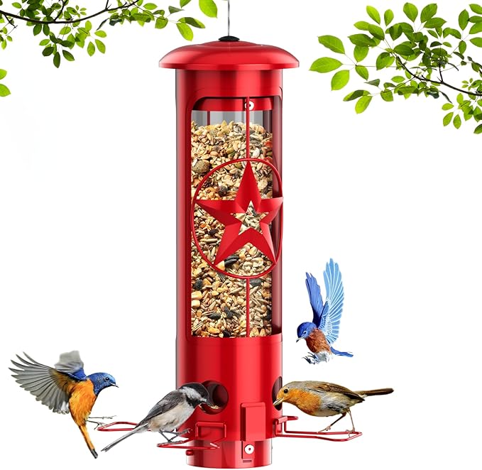 Squirrel Proof Bird Feeders for Outdoors Hanging, Metal Squirrel Proof Bird Feeder with Gravity Protection, 3LB Large Capacity Wild Bird Feeders for Outside Finch, Cardinal, Blue Jay (Red)-VerdiqueGarden