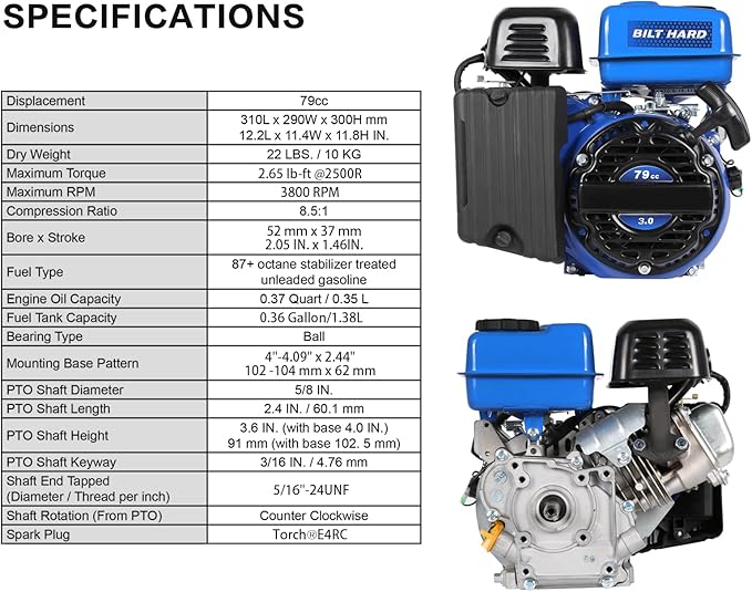BILT HARD Gas Engine 79cc 2 HP, Gas Motor for Log Splitter, Pressure Washer and Water Pump, EPA & CARB Certified, 4 Stroke OHV Horizontal Shaft with Recoil Start-VerdiqueGarden