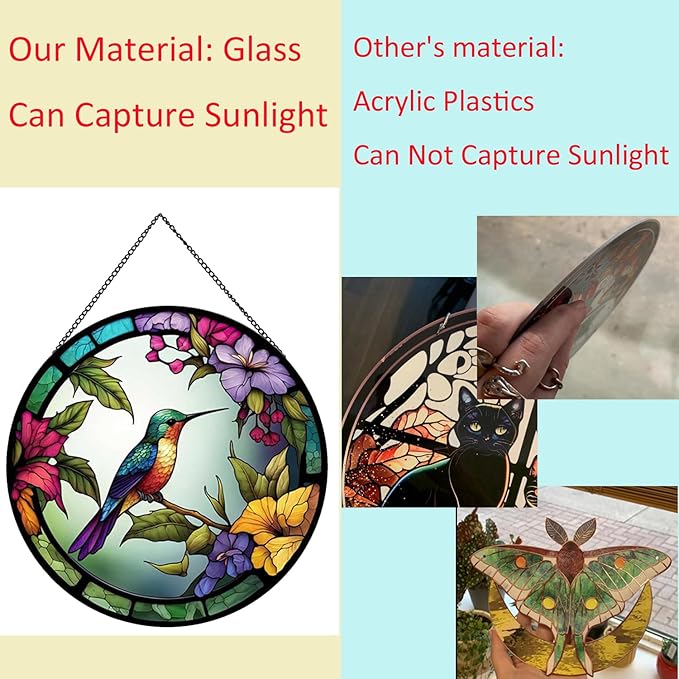 Hummingbirds and Flowers Pattern Hanging Stained Glass Suncatcher,Stained Glass Suncatchers for Windows,20cm/7.87inch Hand-Painted Sun Catcher Garden Painted Glass Panel Decor Themed Gift-VerdiqueGarden