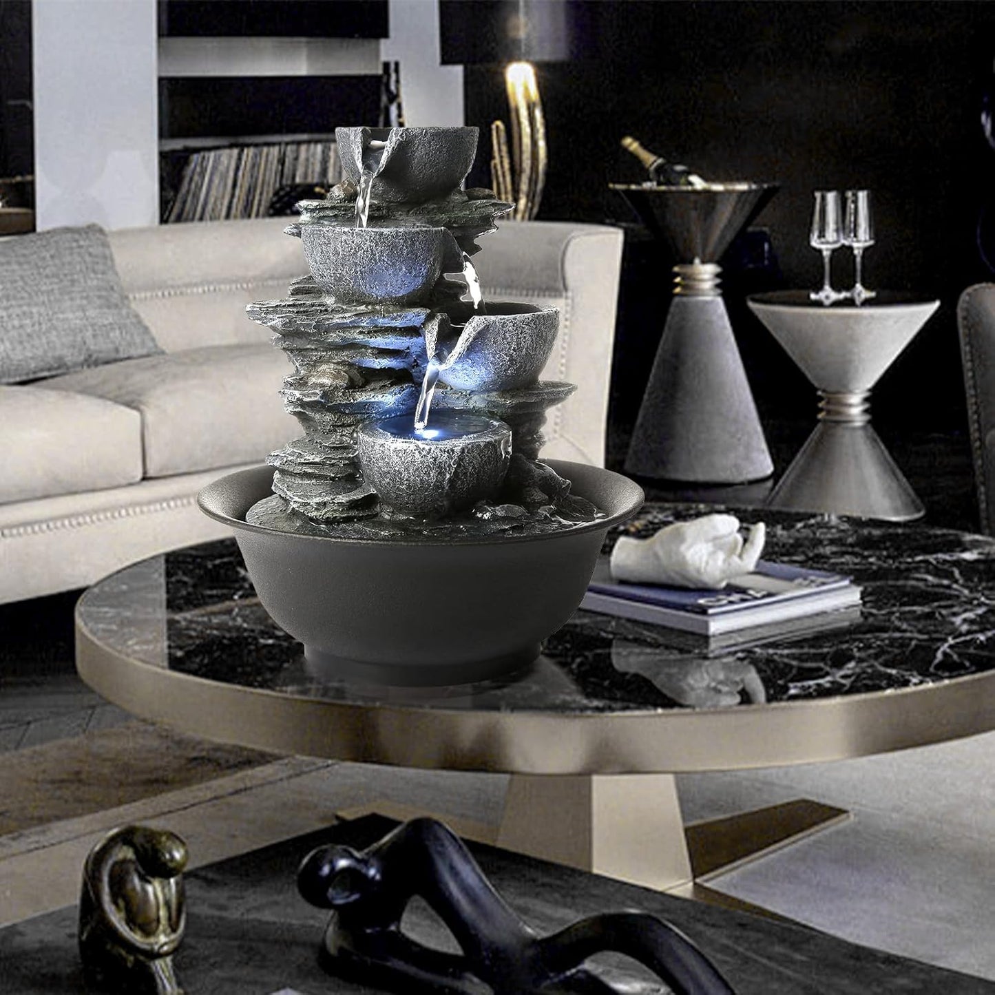 WICHEMI Indoor Water Fountain Tabletop Fountains Waterfall Fountain Indoor Water Feature Feng Shui Zen Meditation Cascading Desktop Fountains with LED Light for Home Office Indoor Decor (Style 15)-VerdiqueGarden