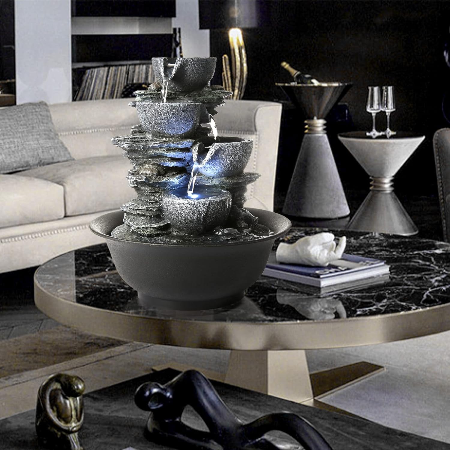 WICHEMI Indoor Water Fountain Tabletop Fountains Waterfall Fountain Indoor Water Feature Feng Shui Zen Meditation Cascading Desktop Fountains with LED Light for Home Office Indoor Decor (Style 15)-VerdiqueGarden