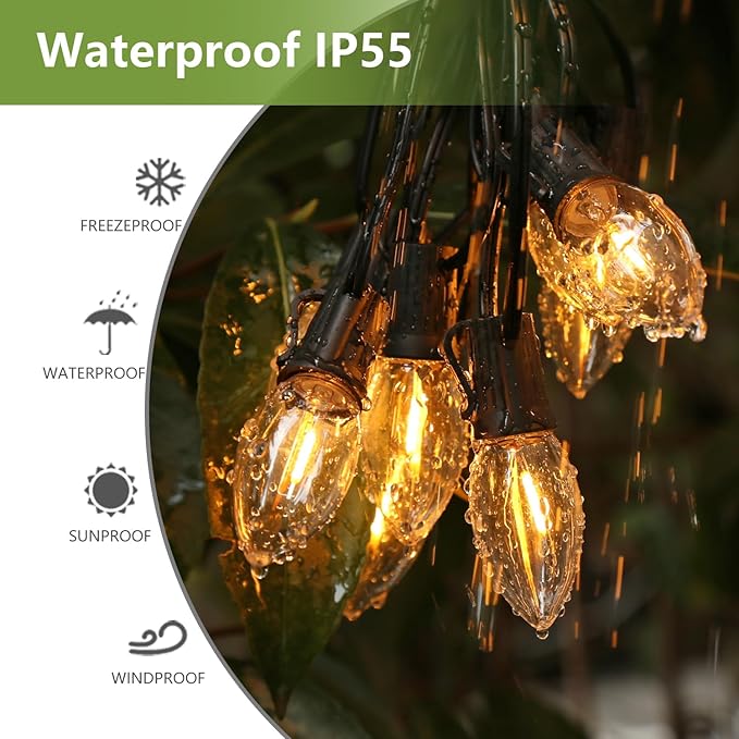 Waterproof C9 Replacement LED Light Bulbs –0.6W Equivalent to 7W, White Warm 2200K Outdoor String Lights E17 Base LED Light Bulbs, Clear Plastic, 25Pack-VerdiqueGarden