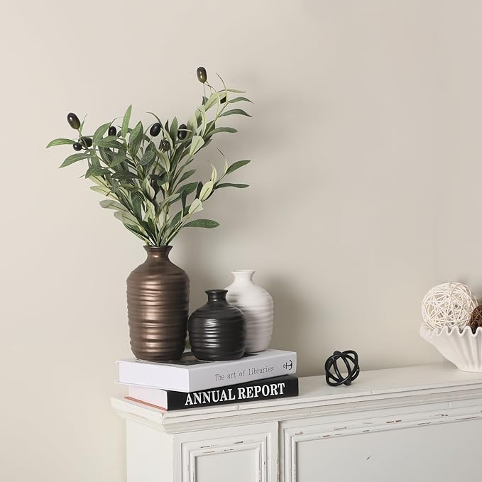 Ceramic Vase Set of 3 Decorative Vase for Home Decor Modern Farmhouse Decor Pottery Neutral Vases for Living Room Bathroom Table Mantel Fireplace Entryway Shelf (02-Metallic)-VerdiqueGarden