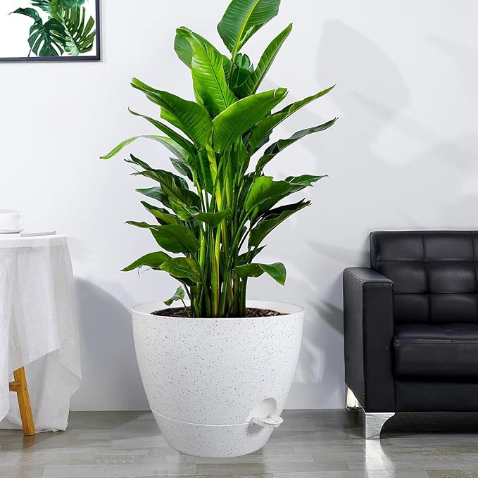 12 inch Large Self Watering Pots, Plastic Planters with 60oZ Removable Deep Reservoir and Multi Mesh Drainage Holes for Indoor Outdoor Garden Plants and Flowers, White Speckles-VerdiqueGarden