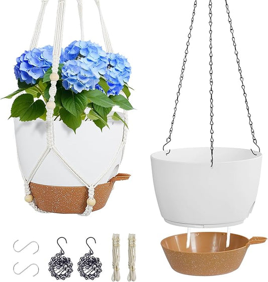 Self Watering Hanging Planters 10 inch, 2 Pack Hanging Baskets for Indoor Outdoor Plants, Hanging Flower Pots with Drainage Holes & 2 Kinds of Plant Hangers for Garden Home Décor, White Brown-VerdiqueGarden