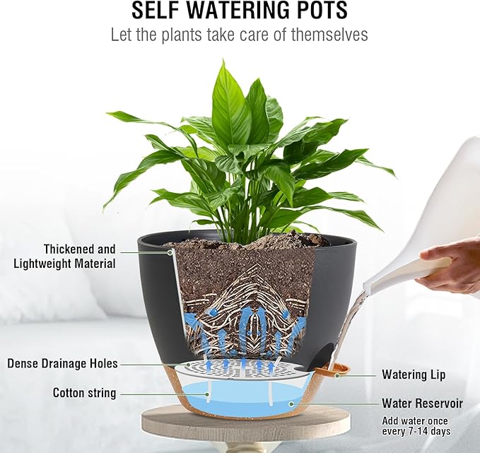 Self Watering Hanging Planters 10 inch, 2 Pack Hanging Flower Pots for Indoor Outdoor Plants, Hanging Baskets with Drainage Holes & 2 Kinds of Plant Hangers for Garden Home Decor, Black Brown-VerdiqueGarden