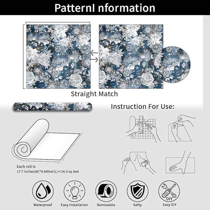 Vintage Garden Peel & Stick Floral Wallpaper - Removable White/Blue Vinyl Self Adhesive Mural - 17.7in x 19.68ft-VerdiqueGarden
