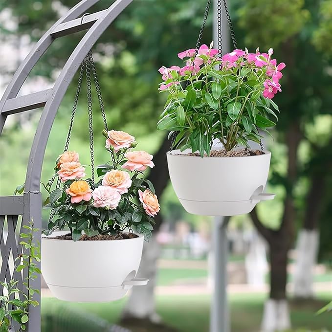 12 Inch Hanging Baskets 2 PC with Chains, Self-Watering Hanging Planters for Indoor Outdoor Plants, Plastic Hanging Flower Pots,White-VerdiqueGarden