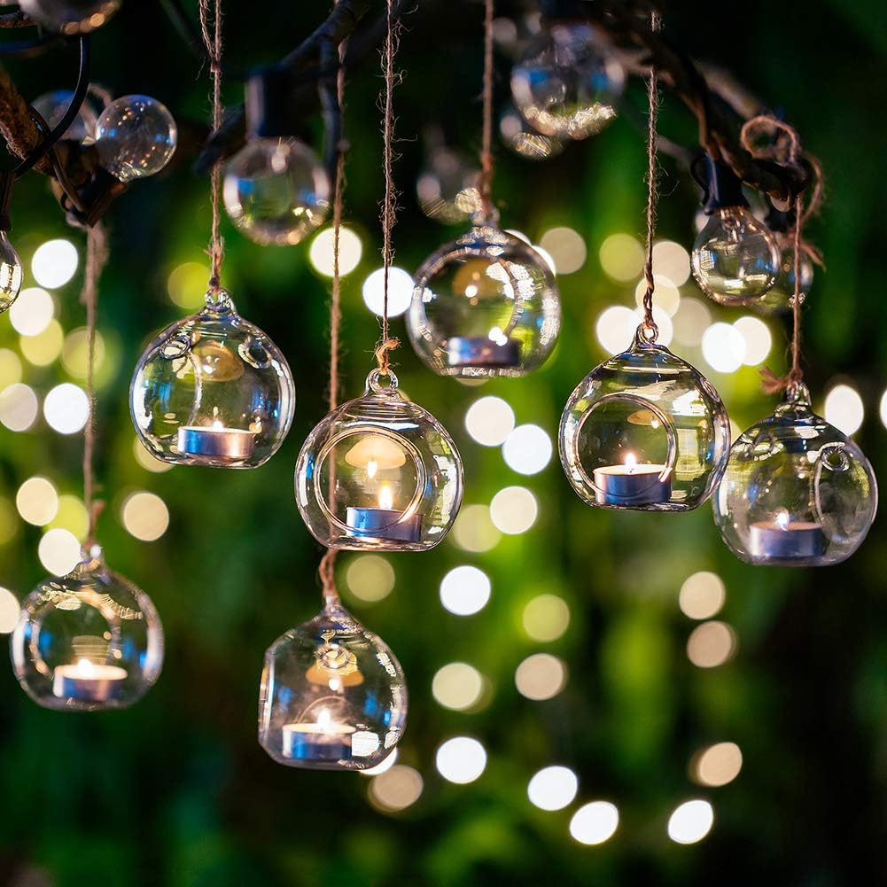 12 Pcs 3.15"/ 8cm Hanging Glass Tealight Holder Globe Plant Terrariums Glass Orbs Air Plants Tea Light Candle Holders Home Decor Indoor Outdoor Garden (with 2 Holes, 9 Pcs + 3 Pcs)-VerdiqueGarden