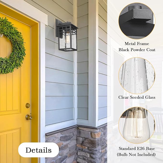 Outdoor Light Fixture Wall Mount, Modern Exterior Lights Fixture Wall Sconces with Seeded Glass for Front Porch, Farmhouse Rustic Waterproof Lantern Lamp in Black Finish for Home, Barn, Garage-VerdiqueGarden