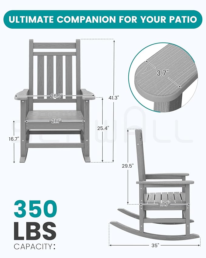 SEWALL HDPE Rocking Chair, Oversized Outdoor Rocking Chair for Adults, Patio Rocker for Porch, Sliver Gray-VerdiqueGarden