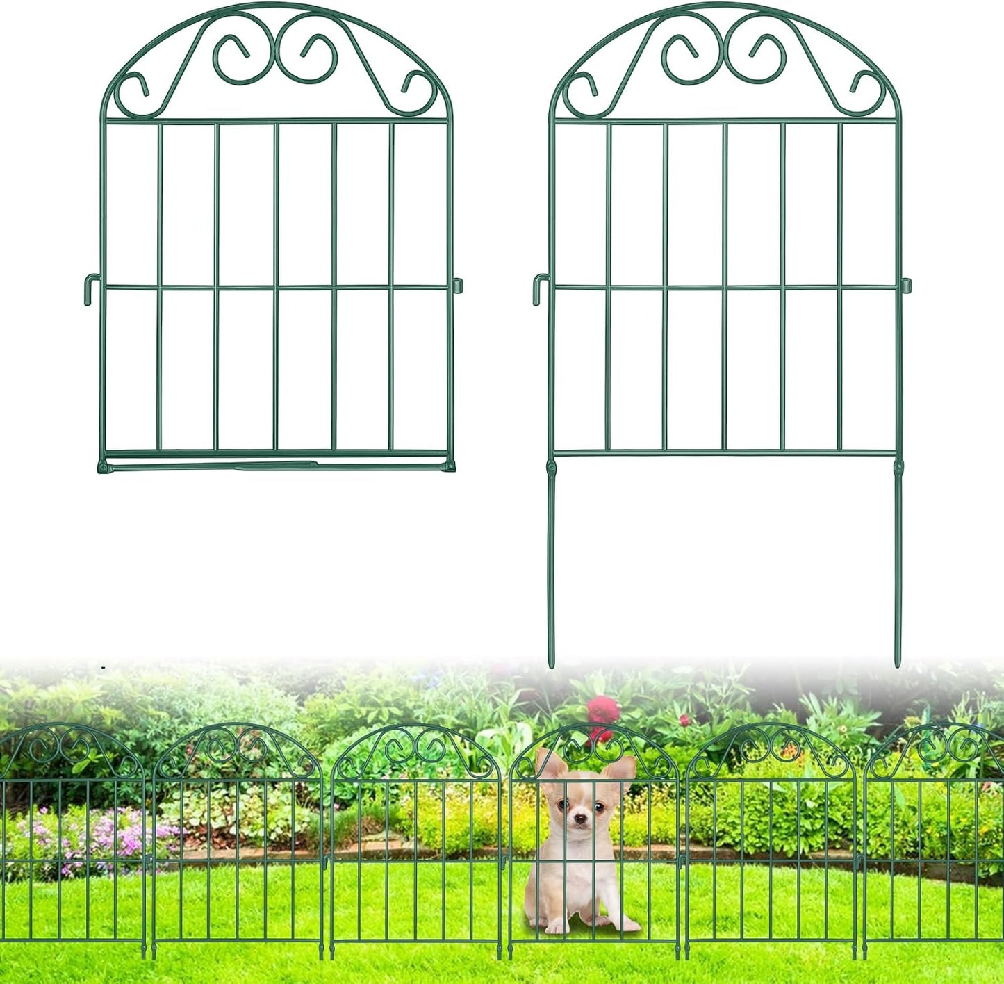 ADAVIN 24Panels Collapsible Garden Fence Animal Barrier, 26 Ft(L) x 24 in(H) Green Rustproof Metal Wire Panel Border for Dogs Rabbits, Flower Edging for Landscape Patio Yard Outdoor Decor, Arched-VerdiqueGarden