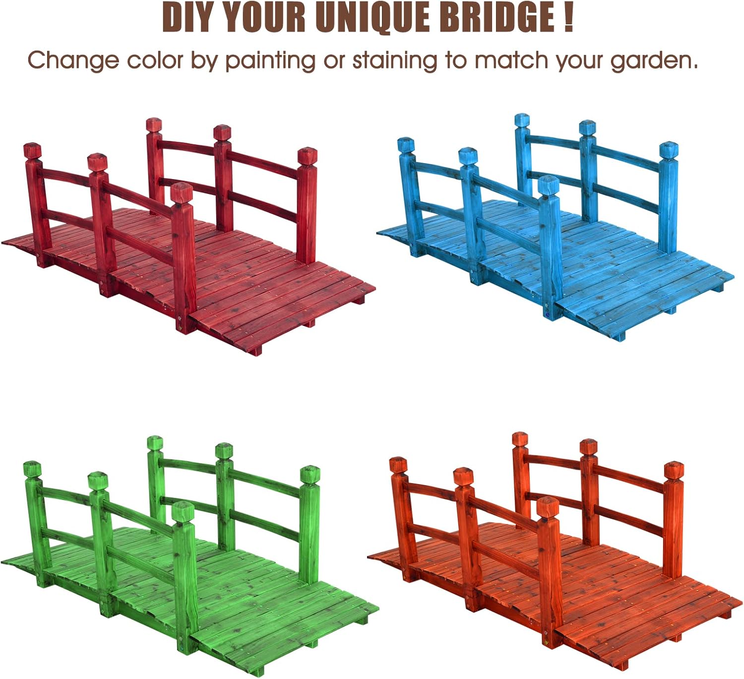 Giantex 5 FT Wooden Garden Bridge, Stained Wood Arc Footbridge with Railings, 400 lbs Capacity, Decorative Pond Bridge for Outdoor Garden Yard Backyard Creek Farm (Brown)-VerdiqueGarden