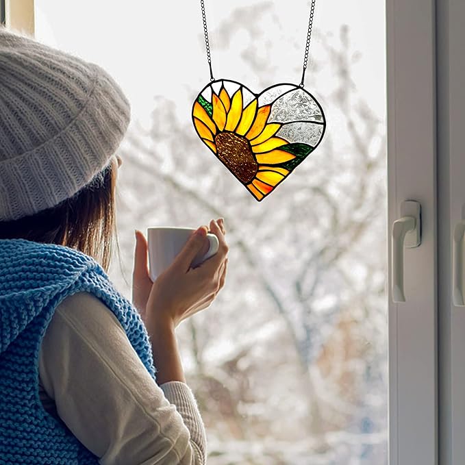 BOXCASA Sunflower Stained Glass Window Hangings,Sunflower Stained Glass Suncatcher,Heart Shape Sunflower Best Teacher Gifts for Women Birthday,Sunflower Decoration for Home Indoor Window-VerdiqueGarden
