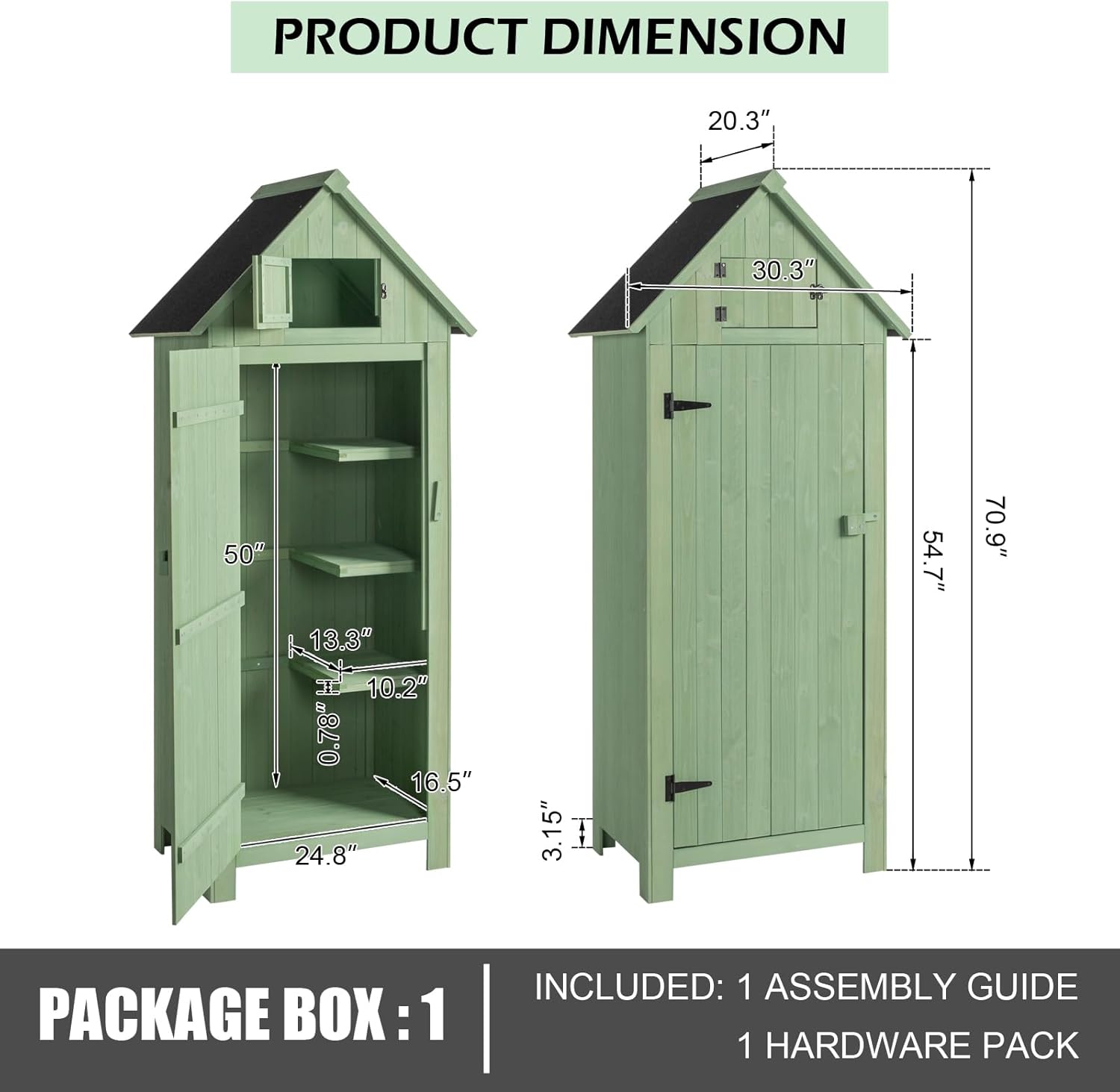 Outvita Outdoor Storage Cabinet, 70in Wooden Vertical Garden Tools Shed, Patio Storage Organizer with Latch & Waterproof Roof for Yard Deck Lawn Farmland Equipment(Green)-VerdiqueGarden