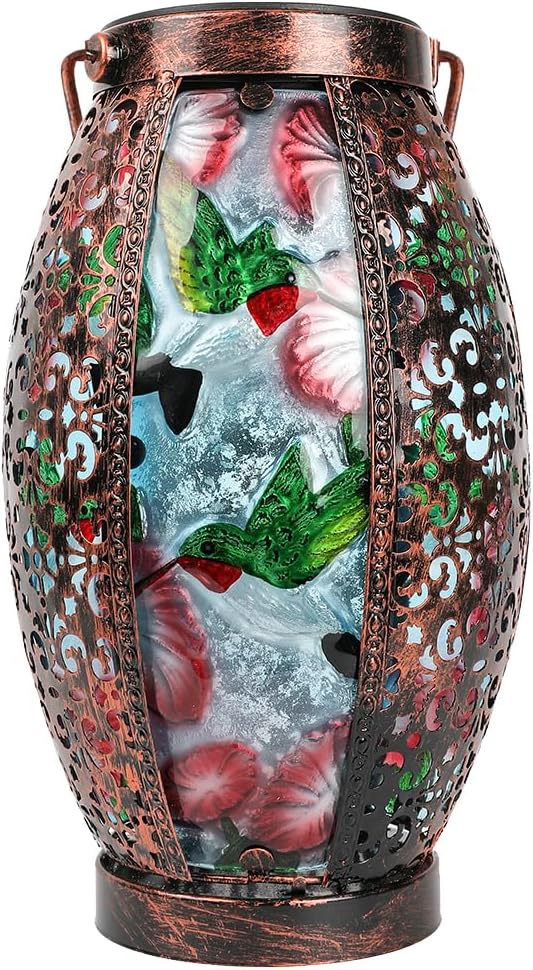 Hummingbird Solar Lanterns Glass & Metal Hanging Lantern Outdoor Waterproof 16" H Tabletop Light with Hollowed-Out Design for Garden Patio Table Decor Mother's Day Gift-VerdiqueGarden