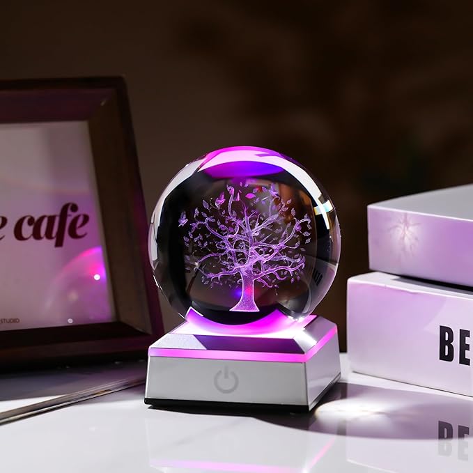 Qianwei 3D The Tree of Life Crystal Ball with LED Colorful Lighting Touch Base,Flower of Life Meditation Chakra Grid Night Light, Sacred Geometry Art Symbol for Spiritual Decor-VerdiqueGarden