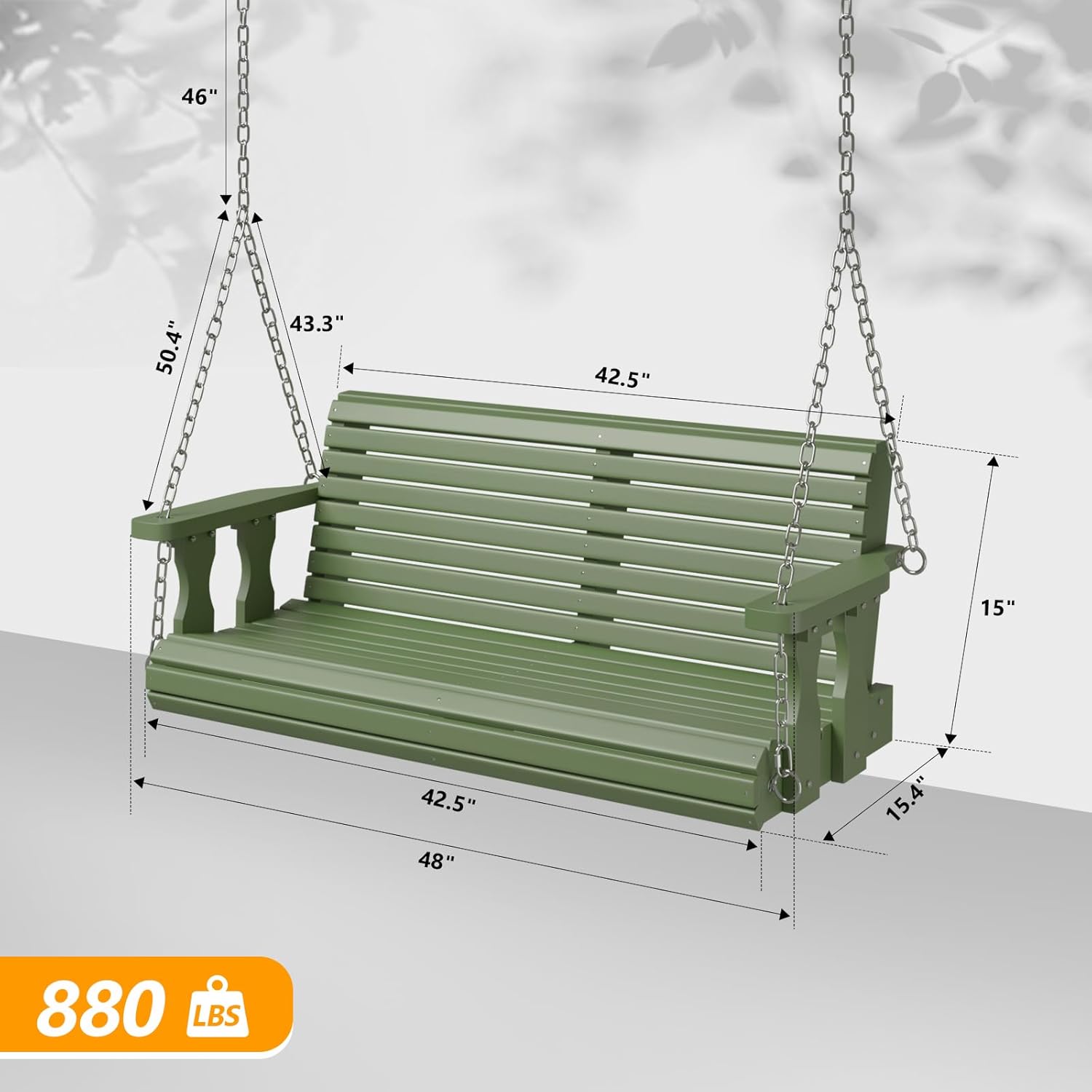 VINGLI Upgraded Patio Wooden Porch Swing for Courtyard & Garden, Heavy Duty 880 LBS Swing Chair Bench with Hanging Chains for Outdoors (Green, 4 FT)-VerdiqueGarden