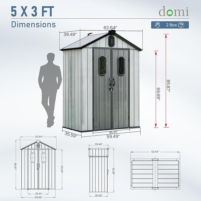 Domi 5x3 FT Outdoor Resin Storage Shed, All-Weather Double-Wall Storage Building for Backyard, Garden, Lawn Tools, Mower, Bike & Pool Equipment, Lockable Doors, Ventilated Roof, Grey-VerdiqueGarden