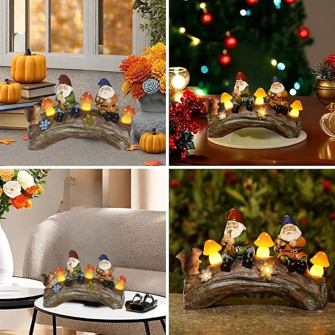 Funny Garden Gnome Statue Solar Powered Mushroom Figurine with Squirrel Gnome Durable Resin Outdoor Decoration for Patio Yard Lawn Ornament Housewarming Gift-VerdiqueGarden