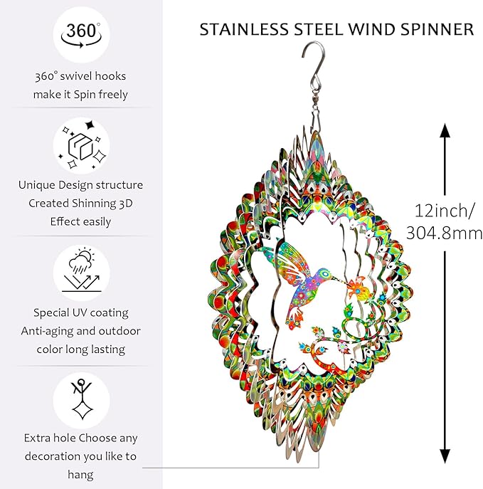 Hummingbird Wind Spinner for Yard and Garden,12in 3D Wind Spinner Hummingbird Gift for Women/Mother/Father/Men,Hanging Bird Wind Catchers Kinetic Yard Art Ornaments Outdoor Wind Sculptures-VerdiqueGarden