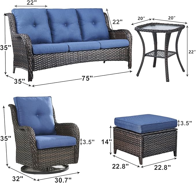 Outdoor Wicker Patio Furniture Set - 6 Piece Rattan Patio Conversation Set with 2 Rocking Swivel Chairs,2 Ottomans,1 Sofa and 1 Side Table for Porch Deck Backyard Garden(Brown/Blue)-VerdiqueGarden