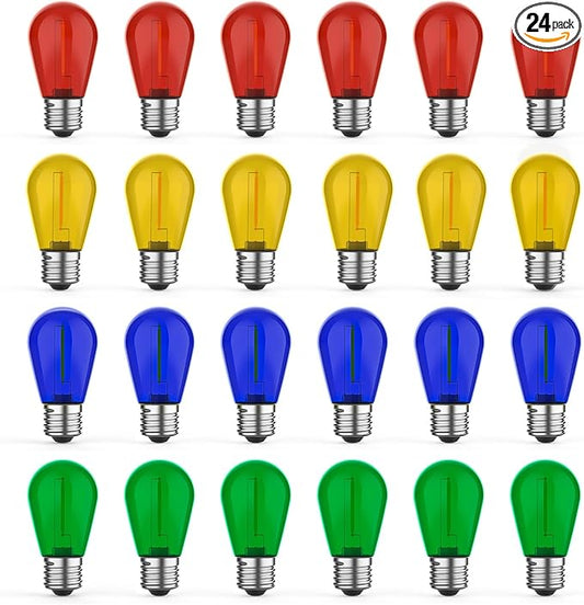 24 Pack LED S14 Colored Light Bulbs for Outdoor String Lights, Shatterproof 1W Replacement Bulbs for Patio Lights, Dimmable, 2200K Warm White, E26 Base, Multi-Color: Red/Blue/Yellow/Green-VerdiqueGarden