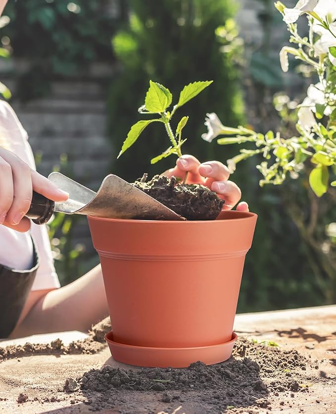 Homenote Pots for Plants, 15 Pack 6 Inch Plastic Planters with Multiple Drainage Holes and Tray - Plant Pots for All Home Garden Flowers Succulents (Terra Cotta)-VerdiqueGarden