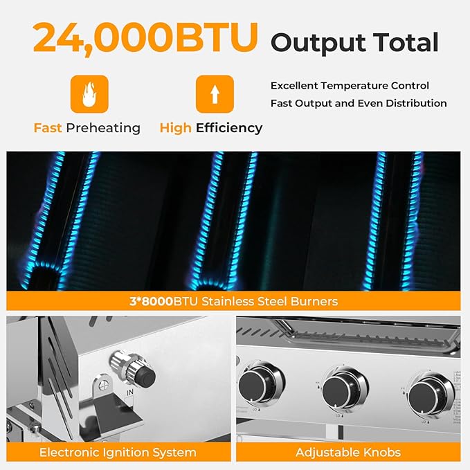 R.W.FLAME Stainless Steel Propane Gas Grill, 3 Burner 24000BTU BBQ Grills, Foldable Side Table, Enamel Wire Grate, Removable Grease Tray, Barbecue Grill for Outdoor Cooking, Backyard, Patio, Deck-VerdiqueGarden