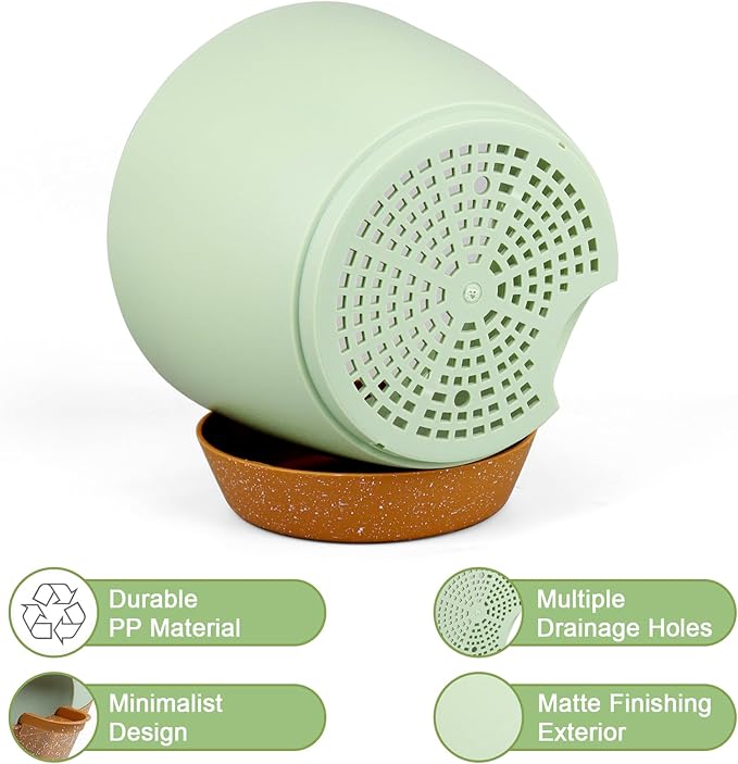 10/9/8 inch Self Watering Pots, Planter, Plant Pots with Mesh Drainage Holes for Indoor Outdoor Garden Plants, Plastic Flower Pots with Deep Reservoir for House Plants, Green with Brown-VerdiqueGarden