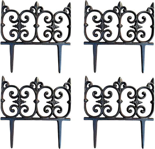 Ornate Cast Iron Garden Edging Fence（10.5" Tall） - 4 Pack Heavy Duty Metal Border for Lawn, Patio & Landscaping HC8308-VerdiqueGarden