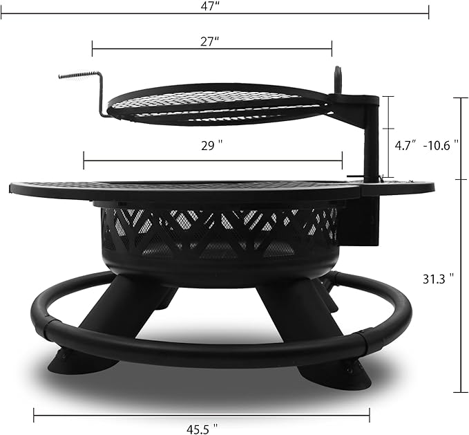 Red Mountain Valley 47" Outdoor Fire Pit with Adjustable Grill, 2-in-1 Metal Outdoor Fireplaces, Large Patio Wood Burning Fire Pits for Outside, Ideal for Backyard, Patio, Party-VerdiqueGarden
