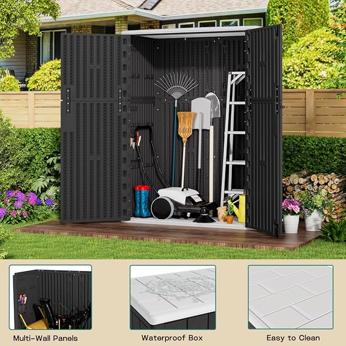 KINYING Outdoor Vertical Storage Shed,57 Cu.ft Outdoor Storage Cabinet Waterproof,Resin Sheds & Outdoor Storage Clearance for Garden,Patio,Backyard,Lockable (Black)-VerdiqueGarden
