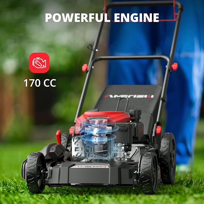 21" Gas Lawn Mower, Self-propelled Lawn Mower 3-in-1, 170cc OHV Engine with Forced Air Cooling, 6 Cutting Heights, 1.4-Bushel Grass Catcher-VerdiqueGarden