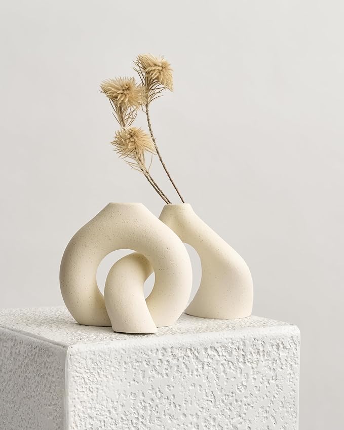 NOBULA White Ceramic Donut Vases – Modern Home Decor for Living Room, Bedroom & Table Centerpiece - Minimalist Nordic – Unique Vases for Olive Plant & Flowers – Decorative Coffee Table Vase Set of 2-VerdiqueGarden