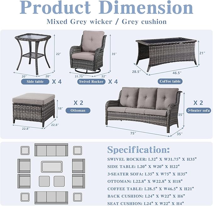 Wicker Patio Furniture Sets - 13 Piece Outdoor Rattan Furniture Conversation Sets with 4 Swivel Rocker Chairs, 2 Rattan Sofas, Wicker Ottomans and Coffee Table, Mixed Grey/Grey-VerdiqueGarden