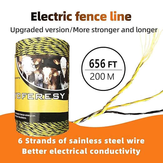 Electric Fence Polywire 656 Feet，200 Meter，6 Stainless Steel Strands for Reliable Conductivity and Rust Resistance，Portable Electric Fence Rope-VerdiqueGarden
