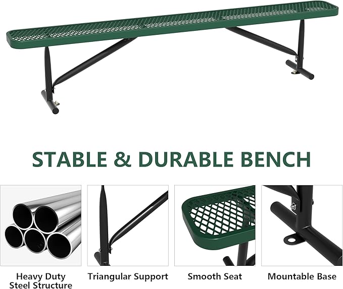 96" L Outdoor Metal Benches, Heavy Duty Garden Park Bench for Outside, Porch Chair Sports Backless Commercial Benches Mesh Bench for Shopping Mall, Store, Lawn, Park, Patio, Deck, Garden-VerdiqueGarden