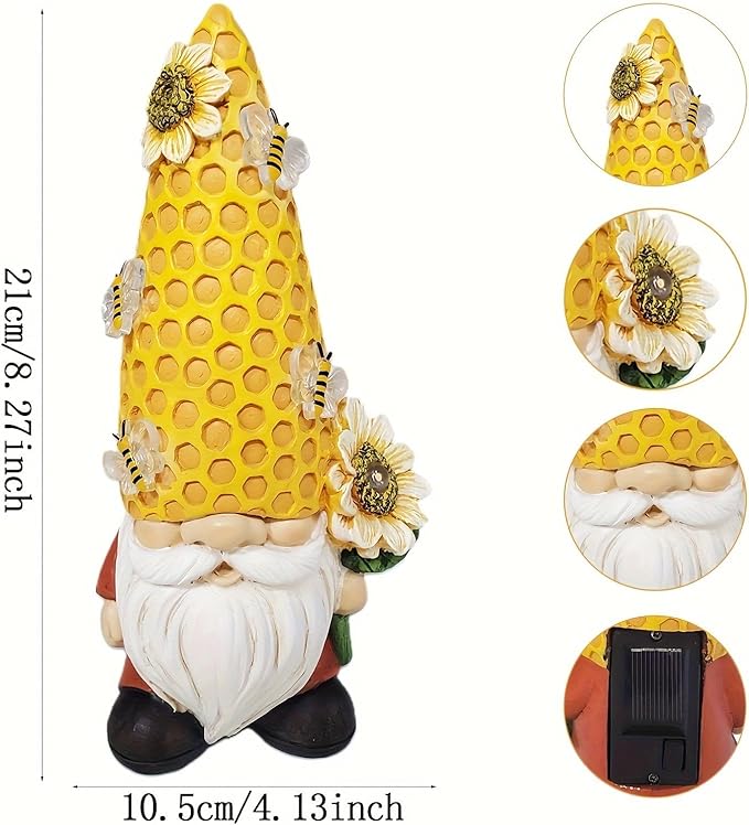 Garden Gnome Statue Solar Powered with Glowing Bees Sunflower Outdoor Funny Resin Figurine Decorations for Patio Yard Lawn Porch Housewarming Ornament Gift-VerdiqueGarden