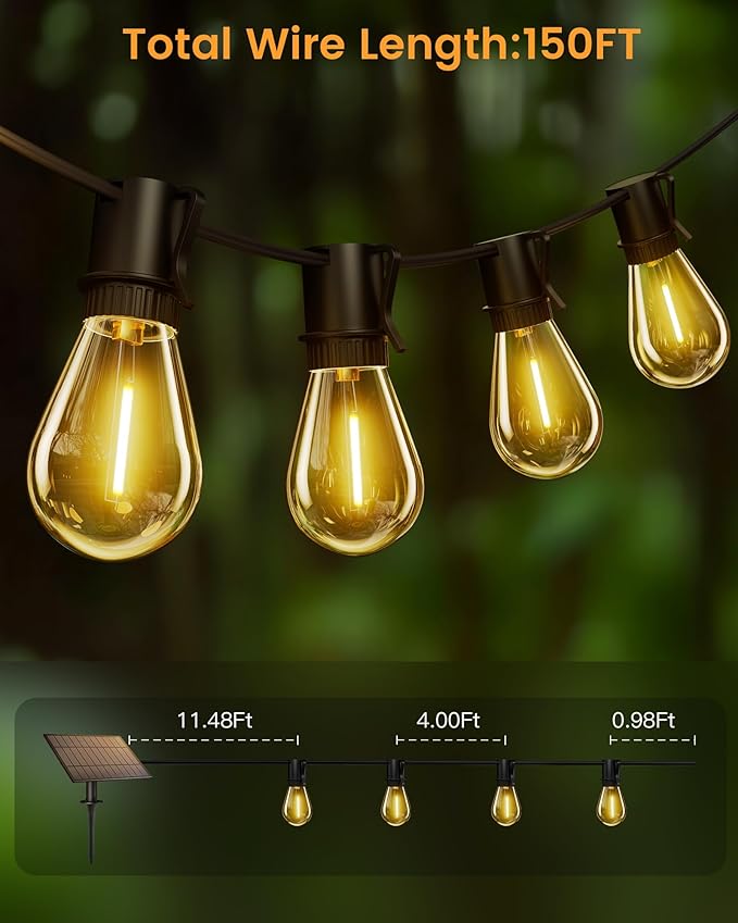 Solar Powered 150FT Outdoor String Lights 35+2 LED Bulbs Waterproof Shatterproof Remote Control Dimmable Extra Long Hanging Lights for Large Yard Deck Market Cafe Event Lighting-VerdiqueGarden