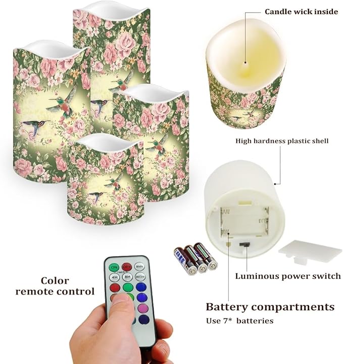 Ystardream Fortune Hummingbird Flameless Candles Battery Powered with Multicolor Timer Remote Control Everlasting Fake Candles for Party Garden Indoor Outdoor Coastal Decors-VerdiqueGarden