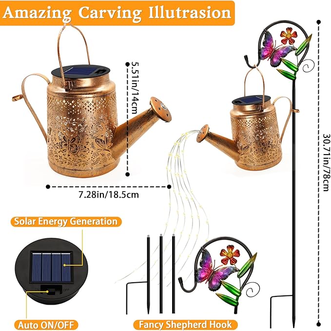 Solar Powered Butterfly Watering Can Lights Waterproof Outdoor Garden Decor with Shepherd Hook Hanging Patio Lights for Yard, Porch, Backyard Perfect Gardening & Birthday Gift for Women, Mom, Grandma-VerdiqueGarden