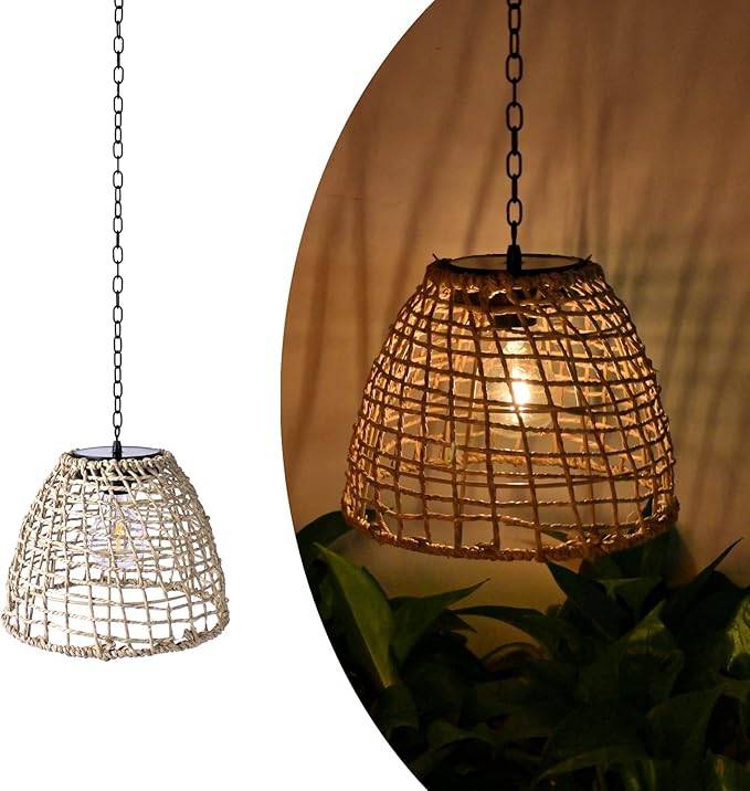 Vintage Rattan Basket Shade Solar Lantern Hanging Lighting Country Style Pendant Light Patio Garden Farmhouse Decoration Rustic Handmade Rattan Pendant Lamps.-VerdiqueGarden