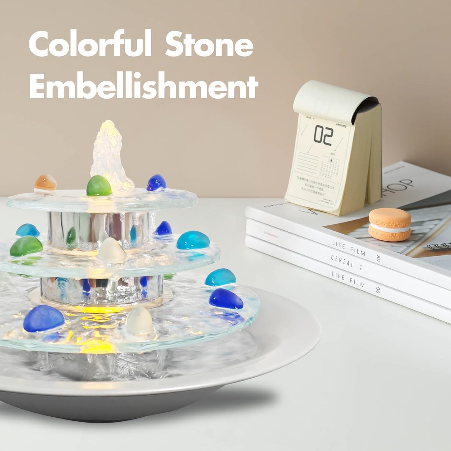 Indoor Tabletop Fountain 3-Tier Waterfall, Zen Meditation Fountains with LED Light, Home Desktop Soothing Sound Meditation Relaxing Water Feature for Office Room Table Decoration-VerdiqueGarden