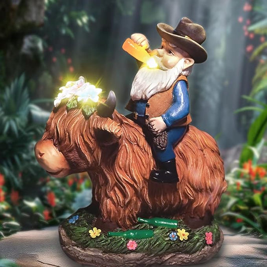 Gnome Gifts for Women, Solor Statue for Garden, Gnome and Highland Cow Figurine with Lights, Outdoor Decorations for Yard Lawn Patio, Gifts for Mom Grandma Mother in Law Gardener Mother'Day-VerdiqueGarden